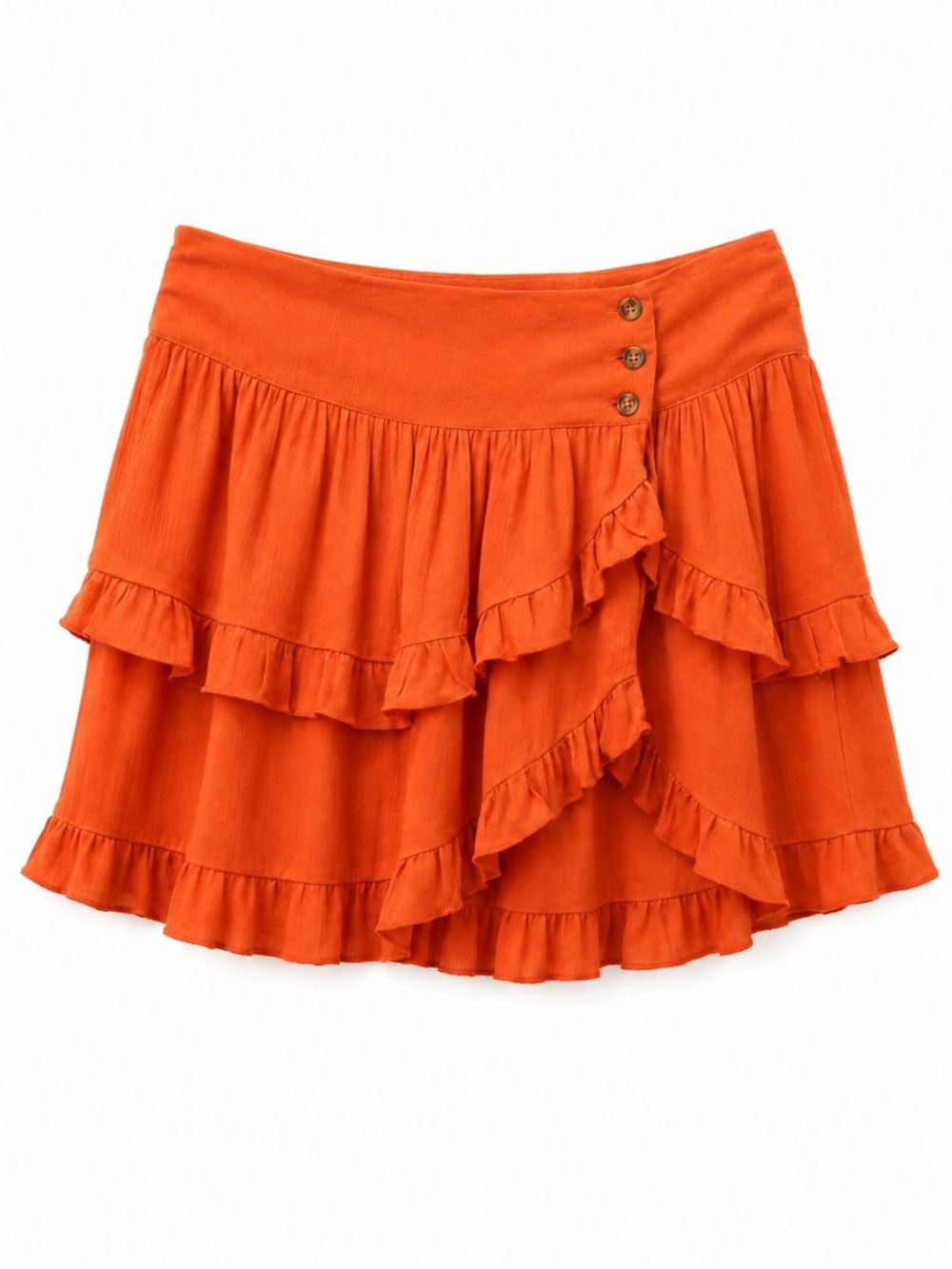 NWOT Free People Coral Orange Tiered Ruffle Flowy Side Button Mini Skirt Sz S